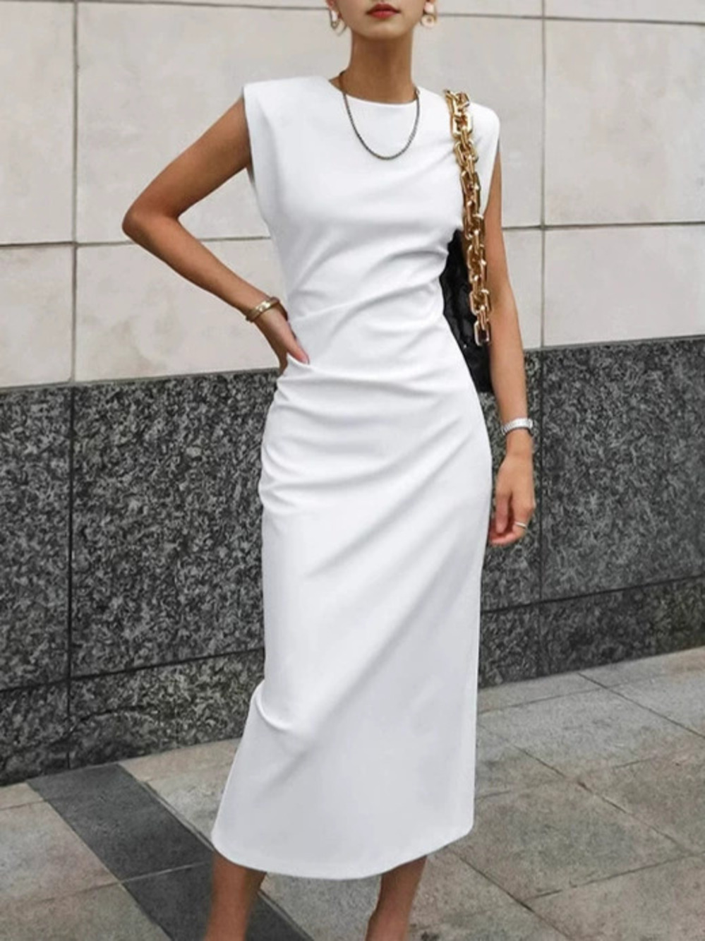 Forever 21 White Round Neck Sleeveless Bodycon Midi Dress With Slit Office